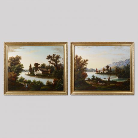 Pair of Landscape Paintings Depicting a View of a Lake with Sailboats, Figures a